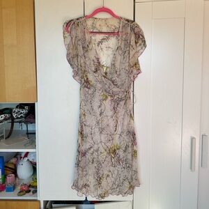 Sheer Floral Wrap Dress in Beige